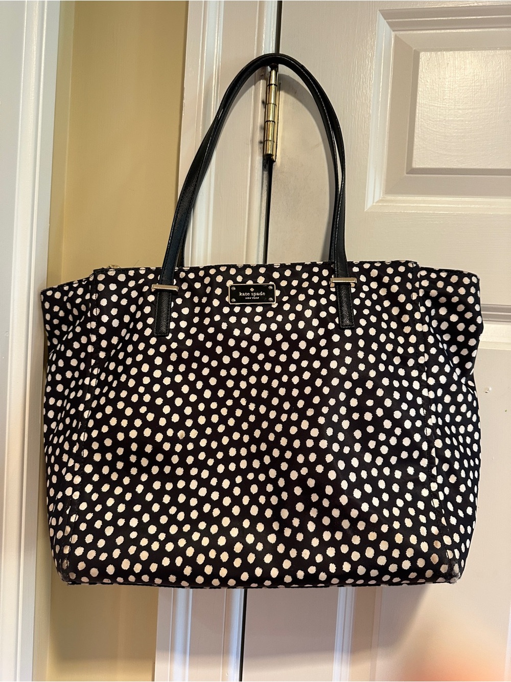 Kate Spade New York Black Polka Dot Nylon Tote Bag Zip Top Shoulder Purse